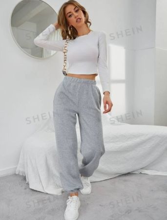 SHEIN EZwear Solid Elastic Waist Slant Pocket Sweatpants