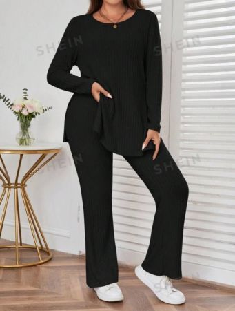 SHEIN Essnce Plus Split Hem Tee & Flare Leg Pants