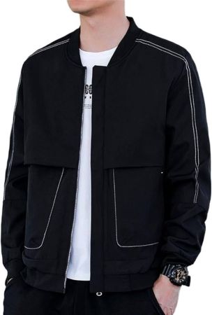 ZLXDP Spring Black Jacket Zip Up Baseball Collar Windbreaker Striped Slim Fit Stretch & Spandex Polyester Men Streetwear