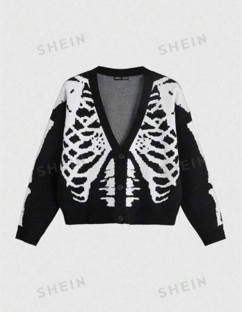 ROMWE PUNK Skeleton Pattern Drop Shoulder Cardigan