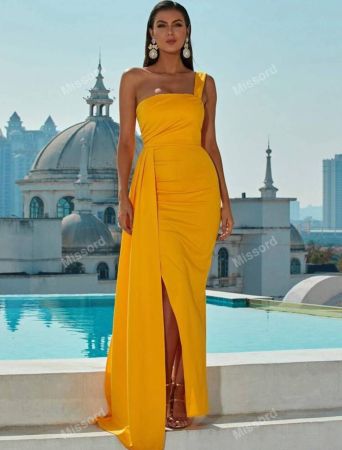 Missord One Shoulder Wrap Hem Satin Floor Length Formal Gown