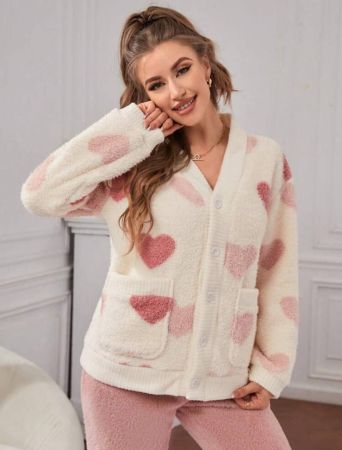 Heart Pattern Dual Pocket Drop Shoulder Flannel Pajama Sleep Top