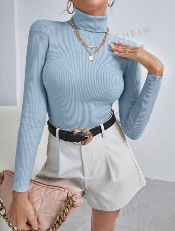 SHEIN Essnce Solid High Neck Rib-Knit Sweater