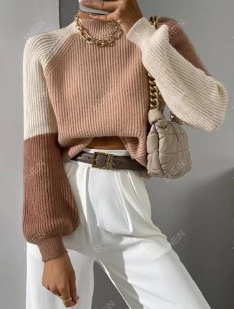 SHEIN Frenchy Color Block Mock Neck Raglan Sleeve Sweater