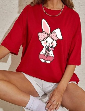 Rabbit Baskılı Kadın Oversize Kırmızı Salas T-shirt Boyfriend