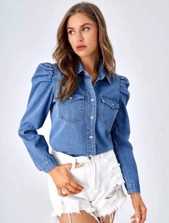 SHEIN LUNE Flap Pocket Gigot Sleeve Denim Shirt