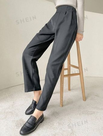 DAZY Women's Solid Color Pleated Straight Leg Business Casual Trousers