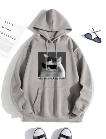 SHEIN EZwear Slogan And Cat Print Thermal Hooded Sweatshirt Why Are U Looking At Me