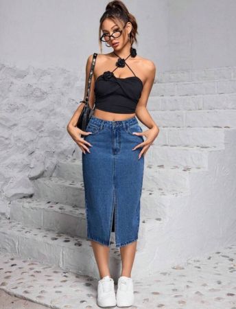 SHEIN PETITE Summer Casual Washed Denim Split Skirt