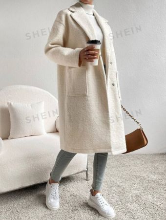 SHEIN EZwear Women's Regular Fit Long Sleeve Lapel Neck Drop Shoulder Double Pocket Overcoat