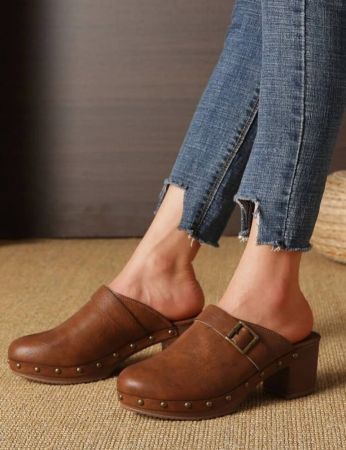 Women Buckle Decor Mules, Chunky Heeled Elegant Pumps