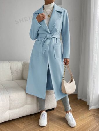 SHEIN EZwear Lapel Neck Dual Pocket Belted Overcoat