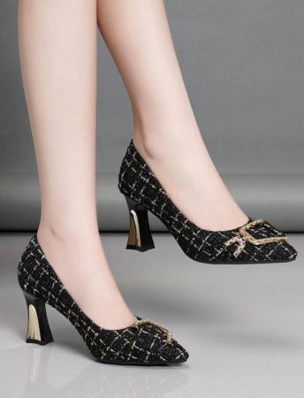 Rhinestone Pointed Toe Block Heel Pumps, Women Shallow Mouth