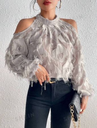 SHEIN Essnce Cold Shoulder Fuzzy Blouse