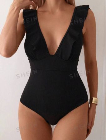 SHEIN Swim Summer Beach Women Solid Color Splice Ruffle Edge Simple Fashion One-Piece Swimsuit For Vacation