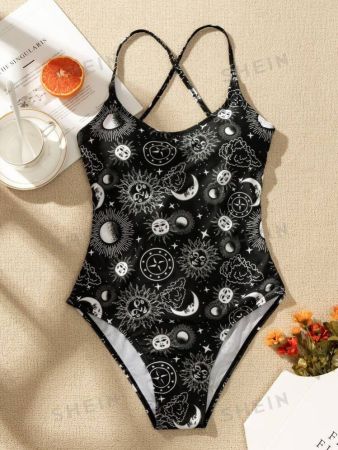 Sun & Moon Print One Piece Swimsuit