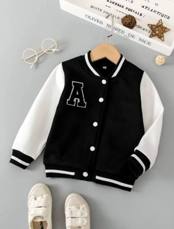 SHEIN Young Boy's Color Block Fleece Button Jacket With Letter Design