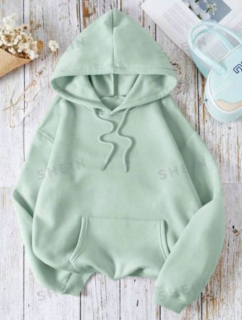 SHEIN EZwear Solid Kangaroo Pocket Drawstring Thermal Lined Hoodie,Ladies Spring/Fall Casual Drawstring,Pocket Long Sleeve Hooded Regular Fit Regular Mint Green Drop Shoulder Pullovers Women Hoodies