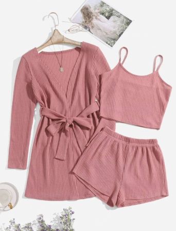 3pcs Waffle Knit Belted Lounge Set