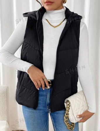 SHEIN Frenchy Women's Solid-Color Zipper Front Hooded Padded Vest, Winter