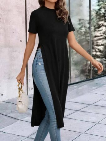 SHEIN LUNE Solid Split Thigh Longline Tee