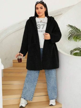 SHEIN CURVE+ Plus Size Winter Loose And Casual Black Pitted Fluff Drop Shoulder Pocket Patched Winter Long Sleeves Hooded Coat