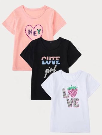 SHEIN 3pcs Girls' Fashionable Casual Short-Sleeved T-Shirts With Imitated Glitter Letter Prints, Round Neck