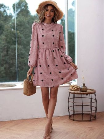 Polka Dot Print Lantern Sleeve Fuzzy Dress