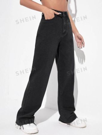 SHEIN EZwear Fire Print Raw Hem Straight Leg Jeans