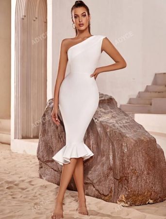 ADYCE One Shoulder Fishtail Hem Elegant Cocktail Party Bodycon Bandage Dress