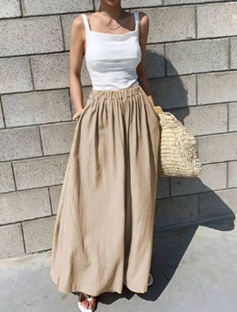 SHEIN Relaxiva Summer Daily Solid Color Cotton Wide Leg Casual Pants