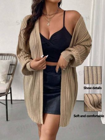 SHEIN Privé Plus Size Spring/Autumn Casual Solid Color Lantern Sleeve Cardigan