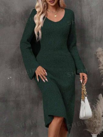 Clasi Solid Flare Sleeve Sweater Dress