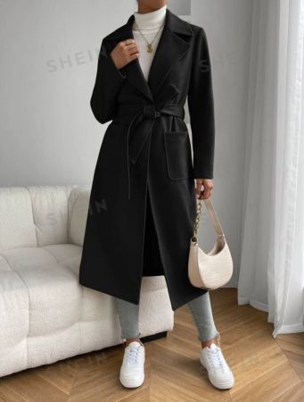 SHEIN EZwear Black Casual Lapel Neck Dual Pocket Open Front Belted Overcoat