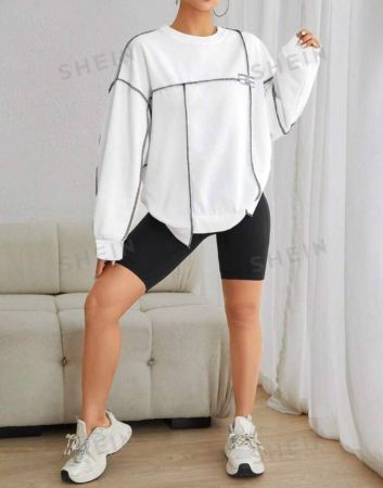 SHEIN EZwear Letter Patched Top-stitching Drop Shoulder Sweatshirt