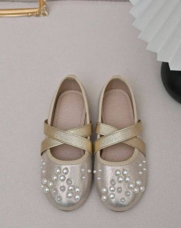 Girls' Wedding, Stage, Pearl Cross Strap Princess Flat Shoes With Metallic Finish, For Big Kids