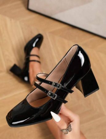 New Fashion Comfortable Buckle Square Toe Black Mary Jane Pumps, Thick Heel Career Formal Dress Shoes For Women