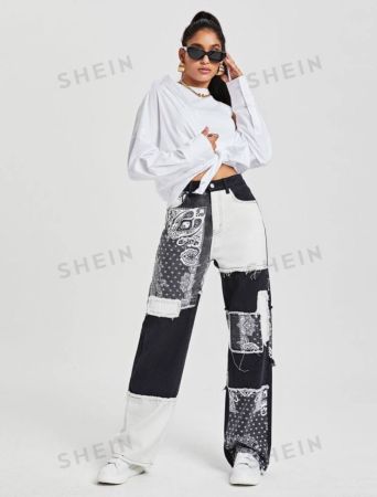 بنطلون جينز بطبعة بيزلي من SHEIN EZwear بطبعة مرقعة