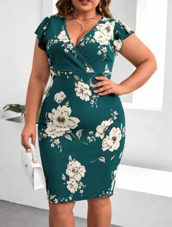 SHEIN Clasi Plus Size V-Neck Cross Wrap Floral Print Dress