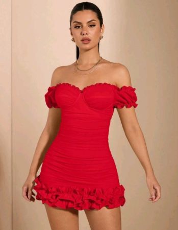 فستان شي إن باي الأحمر والصيفي والرومانسي ، فستان قصير قصير للنساء بأكمام من الدانتيل وحافة مكشكشة وحافة من الأورجانزا المزخرفة