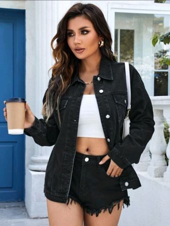 جاكيت جينز Essnce من SHEIN بكتف منسدل وجيوب قابلة للطي