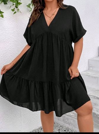 فستان شي إن كيرف بلس قصير الأكمام بفتحة رقبة على شكل حرف V وخصر إمبراطوري، مقاس كبير، مناسب لعطلات هوهو، ملابس صيفية للنساء