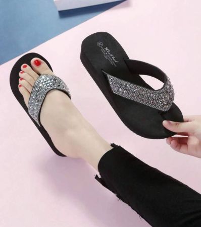 لباس قيعان للنساء الموضة بديكور حجر الراين سميك كعب منحدر نعال شاطئ , أسود , الى داخلي , خارجي , شاطئ بحر مع مانع للانزلاق و مقاومة للاهتراء وظيفة