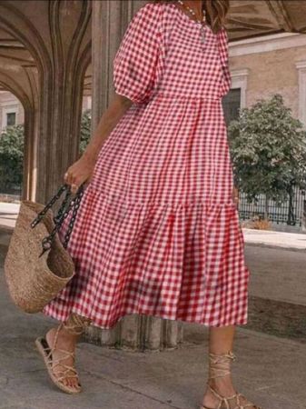 فستان INAWLY كاجوال بنقشة مربعات ومقاسات كبيرة للعطلات