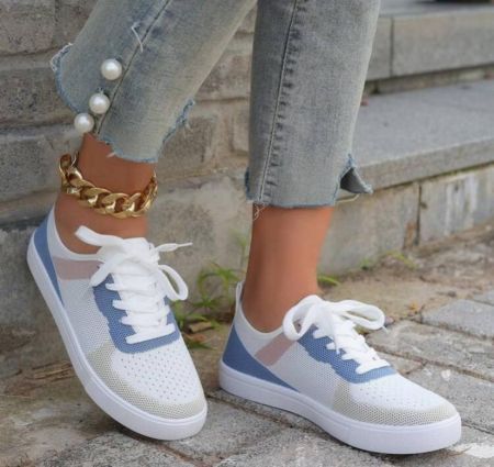 حذاء رياضي نسائي كاجوال محبوك قابل للتنفس مسطح غير قابل للانزلاق برباط ورأس دائري، حذاء جري بنعل ناعم للطلاب