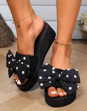 شبشب نسائي داخلي/خارجي بكعب سميك مزين بنقاط البولكا، أسود، شبشب منزلي بكعب إسفيني