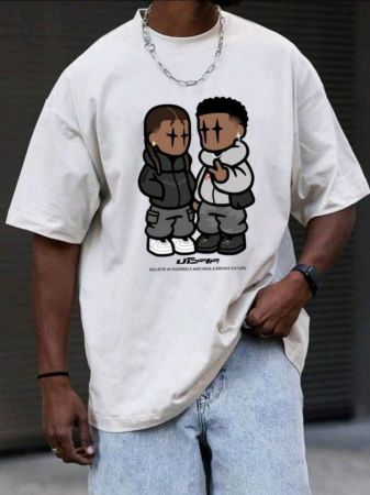 تي شيرت رجالي بأكمام منسدلة ورسومات كرتونية وحروف