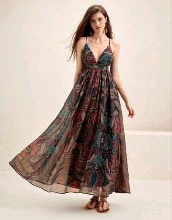 فستان Anewsta الصيفي الجذاب بدون ظهر وحمالات متقاطعة بطبعة نباتية، فستان ماكسي نسائي