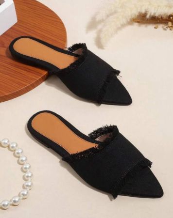 صندل أسود أنيق للنساء، حاشية خام، ميول