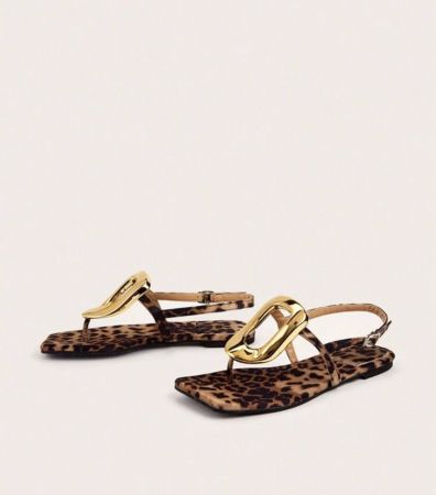 صنادل شقة مربعة بطبعة الفهد وابزيم معدني، نسائية، مناسبة للحفلات والعطل والإطلالات اليومية